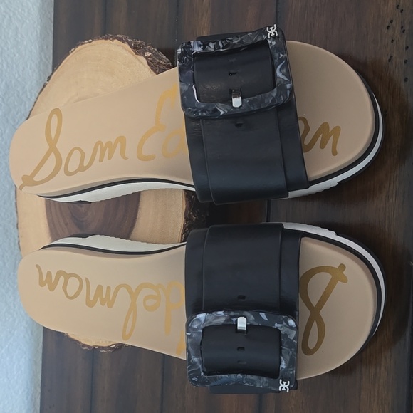 SAM EDELMAN Ariane Black Leather Slide Adjustable Sandals w/ Buckle SZ 9.5 - Picture 2 of 10